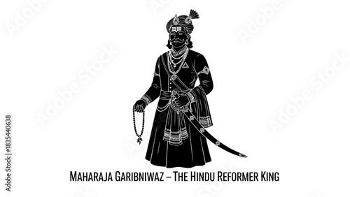 Black and white graphic illustration of Maharaja Garibniwaz the Hindu reformer king.