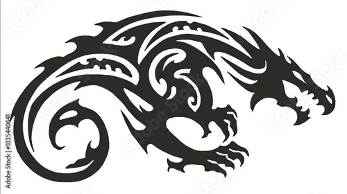 Stylized black silhouette of a ferocious mythical reptile with swirling tribal patterns