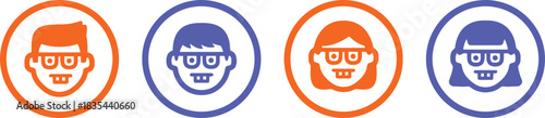 geek, nerd, character, icon, profile, portrait, glasses, orange, blue, purple, white background, circle, avatar, face, illustration, cartoon, funny, quirky, people, group, set, collection, stylized