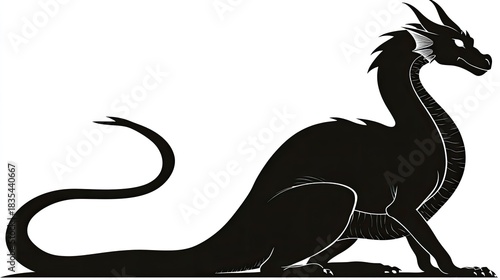 Stylized black silhouette of a mythical serpentine creature resting on a white background