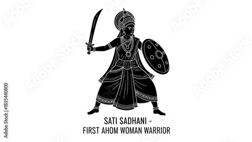 Sati Sadhani First Ahom Woman Warrior Silhouette Vector Illustration.