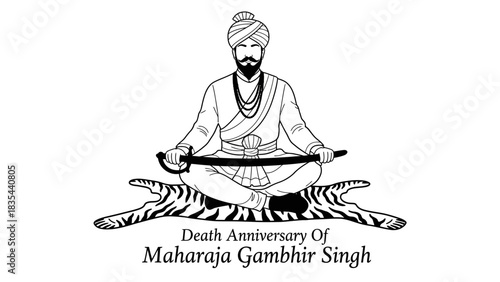 Black and white line art of Maharaja Gambhir Singh seated.