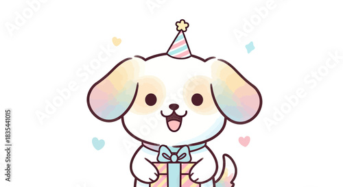 Cute puppy wearing party hat holding gift box with joyful expression  
