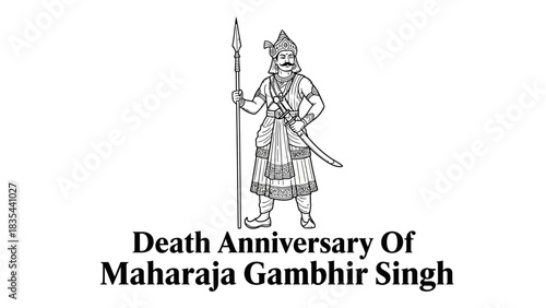 Illustration of Maharaja Gambhir Singh in traditional attire holding a spear.