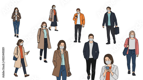 Diverse group of stylish professionals walking outdoors wearing protective face masks for health safety