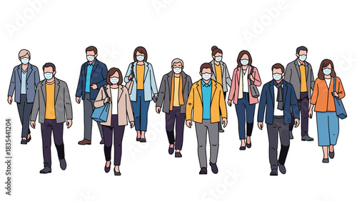 Diverse group of professionals walking together wearing protective face masks in a modern setting promoting safety
