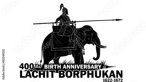 Black and white silhouette of Lachit Borphukan on an elephant.