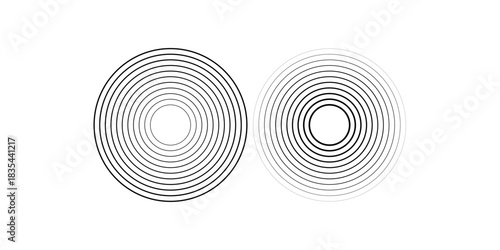 Black concentric circle set. Sonar or sound wave ring collection. Dotted and linear epicentre, target, radar icon concept. Ripple radial signal or vibration elements. Vector line and halftone symbols