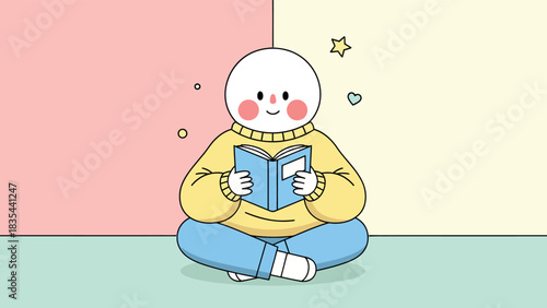 Illustration of a person reading a book with a happy expression.