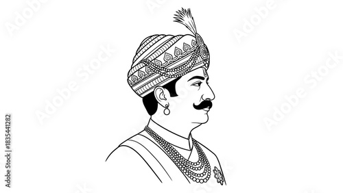 Line Art Portrait of Maharaja Ranjit Singh with Turban.