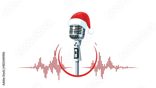 Festive retro microphone wearing Santa hat broadcasts holiday cheer with dynamic audio waveform