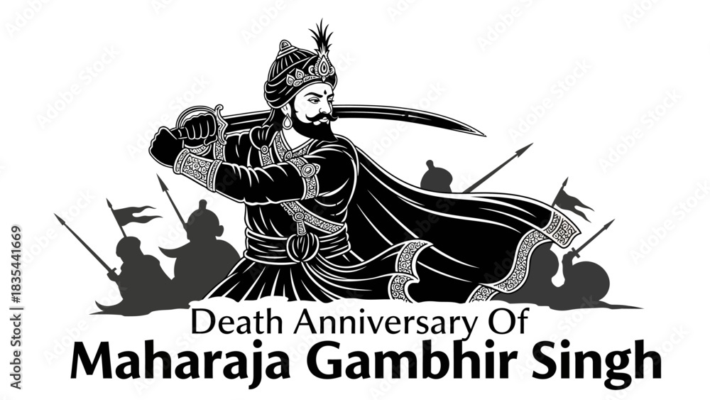Obraz premium Maharaja Gambhir Singh warrior illustration with sword and armor.