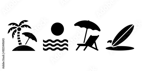 Minimalist beach icons palm tree sun waves chair umbrella and surfboard