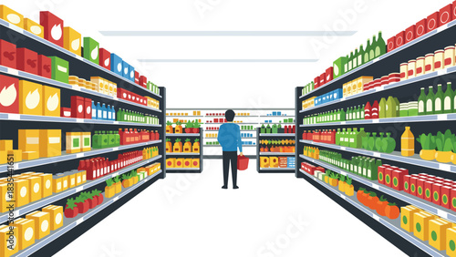 Shopper selects groceries browsing colorful well stocked supermarket aisles with perspective view