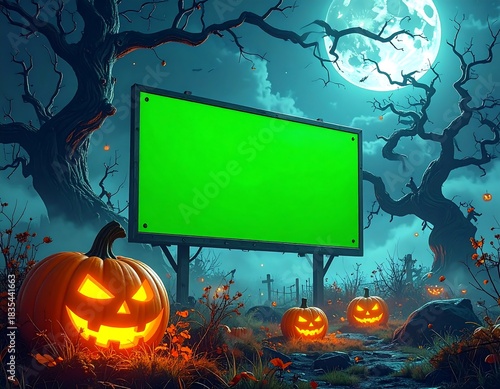 Eerie Halloween night scene featuring glowing jack-o'-lanterns in a misty forest with a large green screen billboard under a full moon