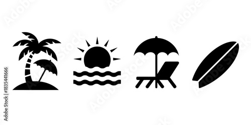 Simple black and white summer beach vacation icons set