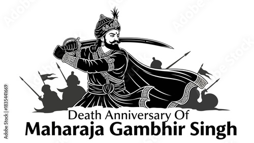Maharaja Gambhir Singh warrior illustration with sword and armor.