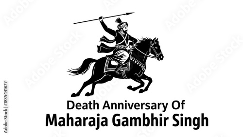 Historical illustration of Maharaja Gambhir Singh on horseback with a spear.