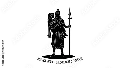 Warrior carrying a child with a spear in a silhouette style.