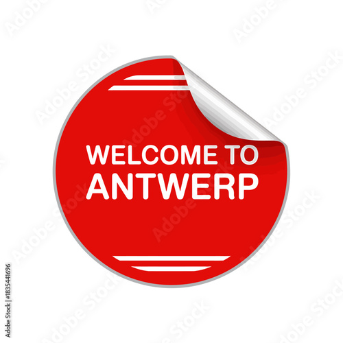 Red round sticker with welcome to antwerp text and curled edge