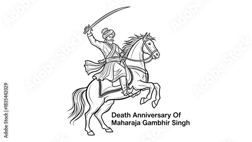 Black and white line art of Maharaja Gambhir Singh on horseback.