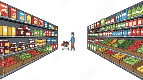 Shopper pushing full cart down bright grocery aisle surrounded by fresh produce and stocked shelves