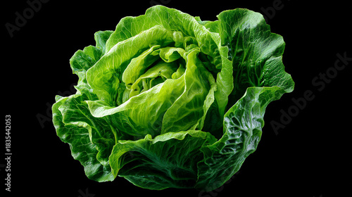 A fresh head of romaine lettuce with vibrant green leaves isolated against a black background plain style