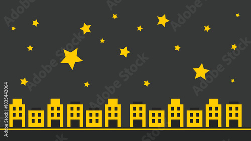 Cityscape under a starry night sky with glowing buildings and stars