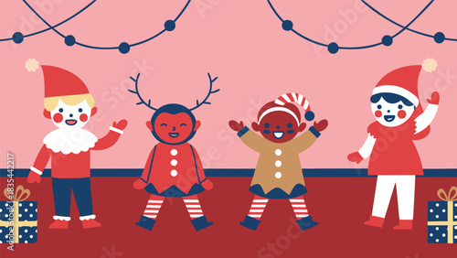 Cheerful Christmas elves celebrating holiday joy with gifts and happy smiles