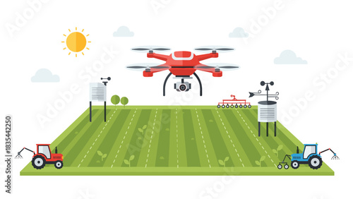 Cutting edge drone technology monitors vibrant green farmland alongside smart tractors for precision agriculture success