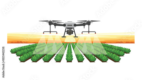 Advanced drone spraying crops at sunrise revolutionizing precision agriculture technology for modern farming efficiency