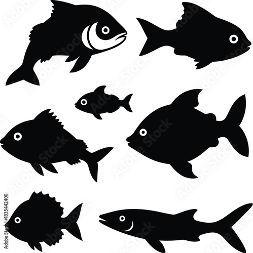 Black silhouette of different kinds of sea and river fish collection set illustration.