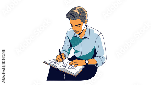 Man intently writing in a book with a pen.