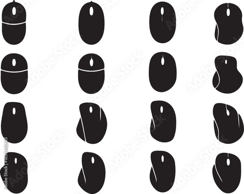Collection silhouette of computer mouse isolated on, showcasing various designs and ergonomic features for enhanced user experience and precision on a white backgraound