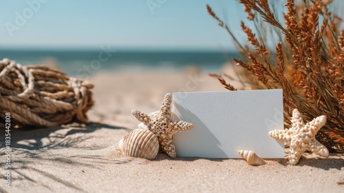 Seashells and dry grass clusters decorate a sandy beach while a blank card rests on the ground perfectly positioned for a message against the ocean backdrop.