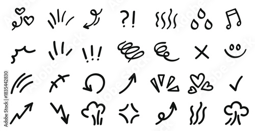 Hand drawn doodle elements set with hearts arrows and other symbols