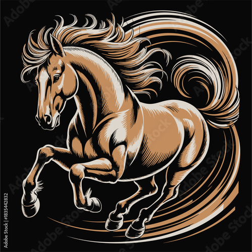 Dynamic full-body horse in motion with swirling golden-brown mane and tail on black background, emphasizing speed, energy, and grace