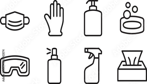 hygiene, safety, health, mask, face mask, glove, hand sanitizer, soap, bubbles, goggles, spray bottle, cleaning spray, tissues, protection, prevention, medical, care, sanitation, clean, virus, germ, i