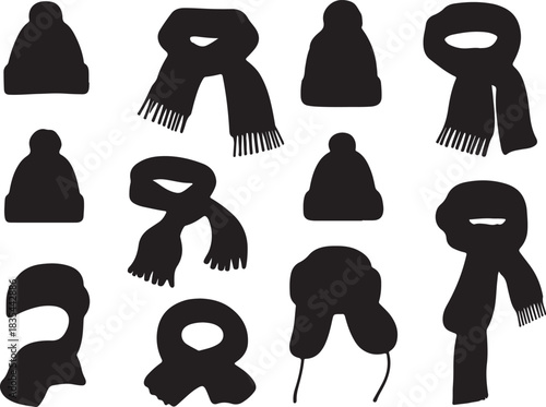 Collection silhouette of winter accessories isolated on scarves and hats in various styles, perfect for cold weather fashion and seasonal designs