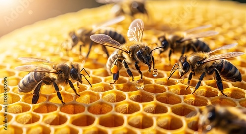 Wallpaper Mural Close up of bees on honeycomb sunny outdoor shot food production concept Torontodigital.ca