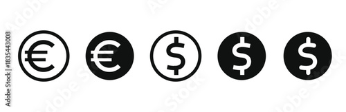 Euro and dollar coins in a row representing currency exchange