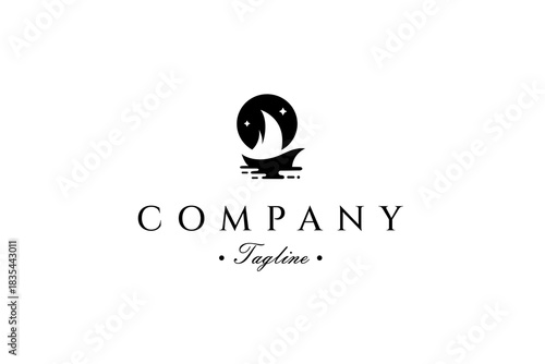 Sailboat logo with moon and stars background in flat vector design style
