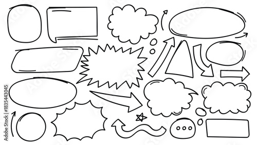Hand drawn sketchy speech bubbles and arrows collection for design elements