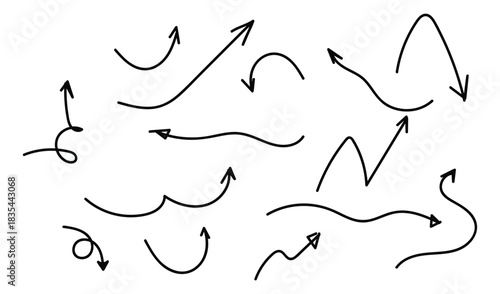 Hand drawn arrows collection pointing in various directions on white background