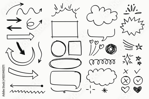 Hand drawn arrows boxes speech bubbles and other doodle elements