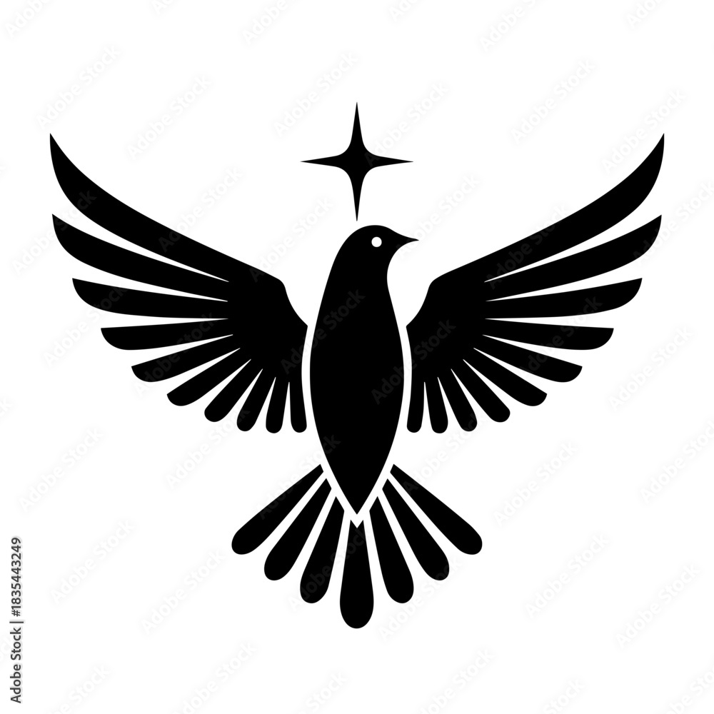 Obraz premium Descending dove representing Holy Spirit with open wings and shining star. This descending dove evokes religious symbolism, portraying spiritual purity and divine guidance.