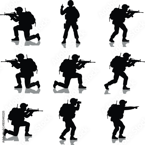  Silhouette of a squad of soldiers in various poses, armed with rifles and tactical gear, isolated on, showcasing teamwork and military readiness