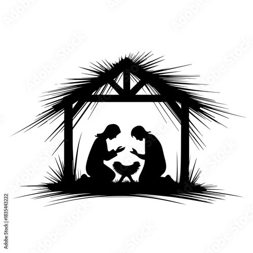 Holy Family inside stable in silhouette, a symbol of faith and tradition. This Holy Family is inside stable evoking sacred significance, spiritual devotion, and religious reflection.