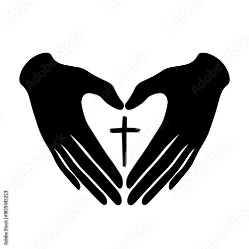 Hands forming heart shape with cross inside for faith based designs. Express your devotion through hands forming heart shape, showing love and spirituality, complete with religious cross.