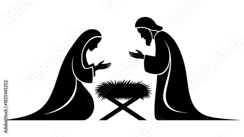 Classic Nativity scene featuring Mary, Joseph, and manger as centerpiece. Nativity scene illuminates with simplicity, conveying faith and tradition in silhouette.
